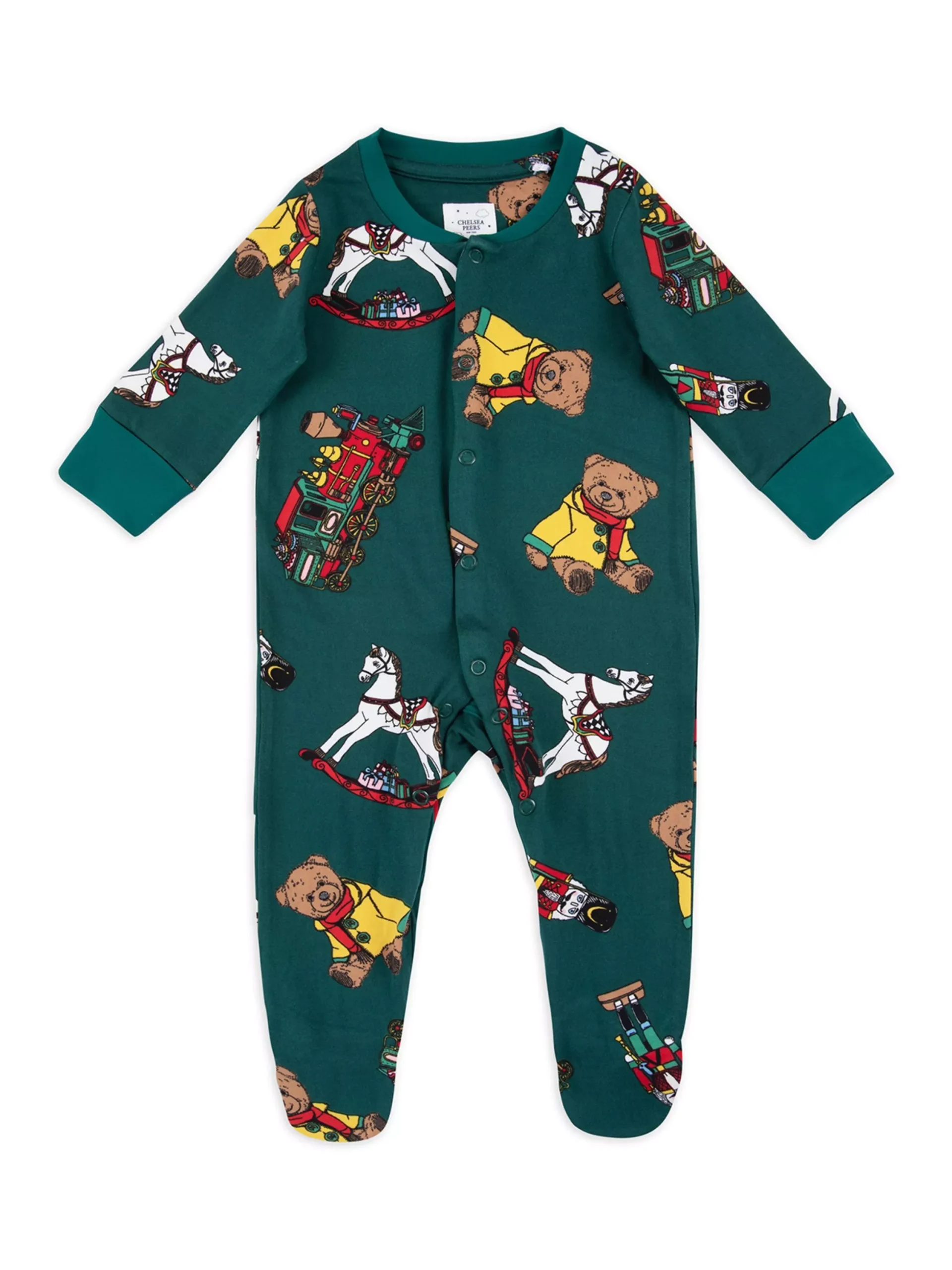Pijama con estampado de juguetes navideños para bebé de Chelsea Peers, color verde