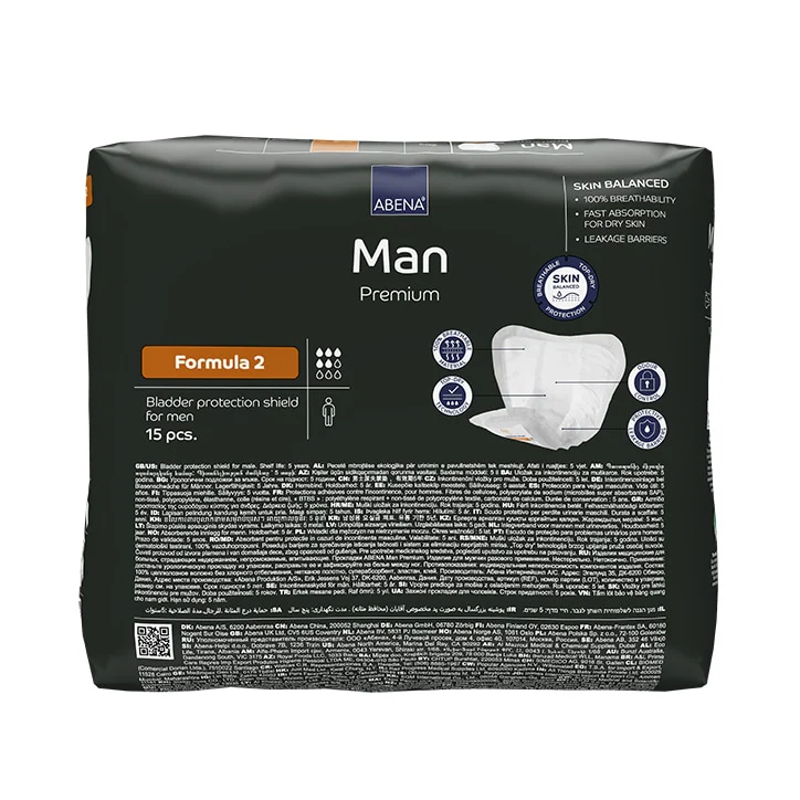 Abena Man Formula 2, 700 ml de capacidad de absorción, paquete de 15 compresas para incontinencia