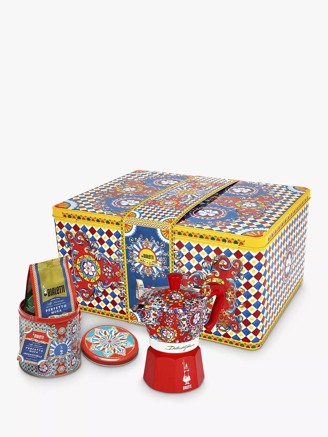 Bialetti Dolce & Gabbana Sicilian Carretto Moka Express Hob Cafetera espresso y café molido Set de regalo, 3 tazas