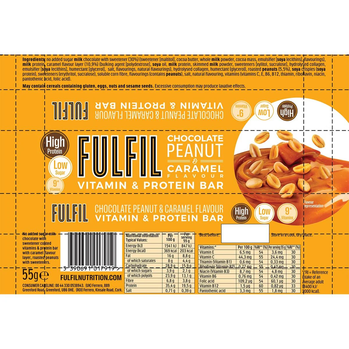 Barritas de proteína Fulfil de chocolate, cacahuete y caramelo, 15 x 55 g