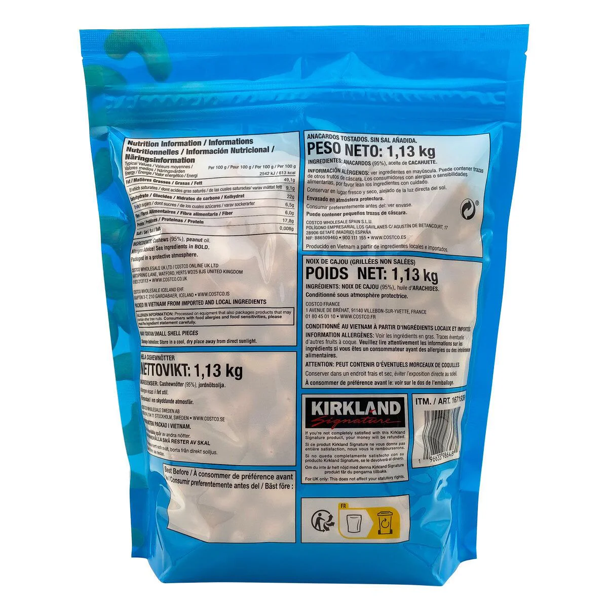Bolsa de anacardos tostados y sin sal Kirkland Signature, 1.13 kg - Imagen 2